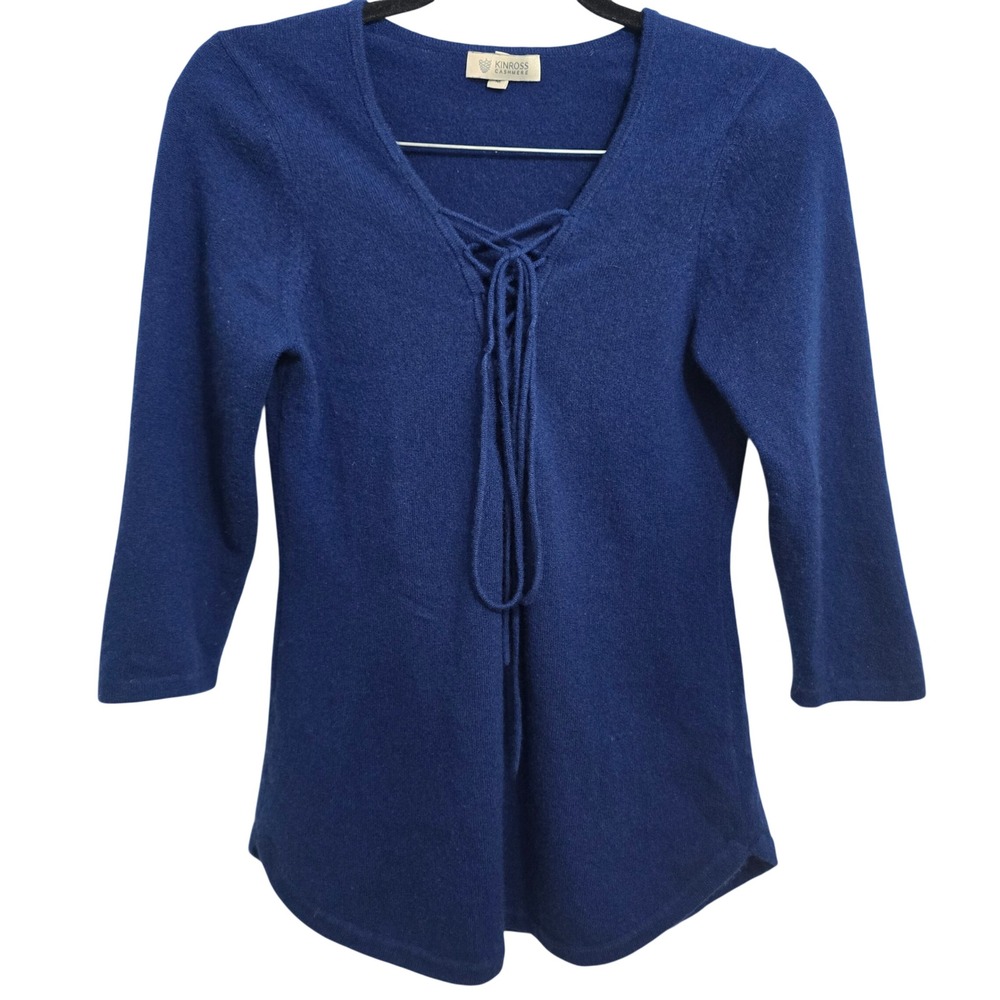 Kinross Cashmere Royal Blue Lace Up V-Neck‎ Sweater 100% Cashmere Womens Medium